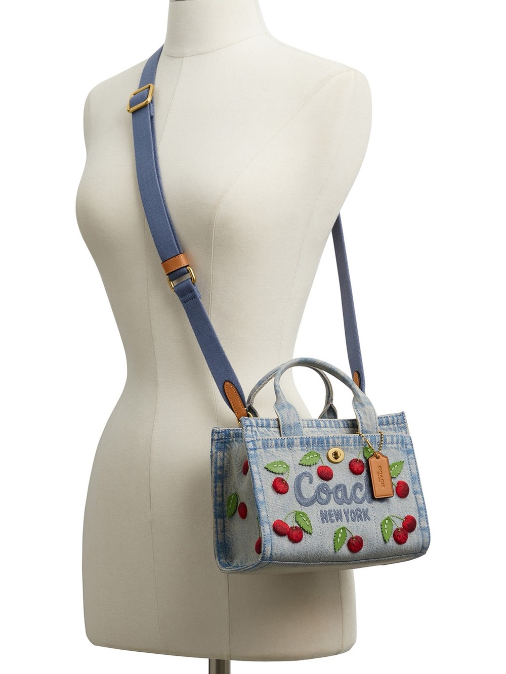 Coach Cargo Tote Bag 26 in Cherry Embroidery | Brass/Denim | Crossbody - Picture 10 of 11
